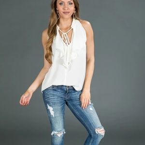 Olivaceous | Sheer Ivory Ruffle V-Neck Tank